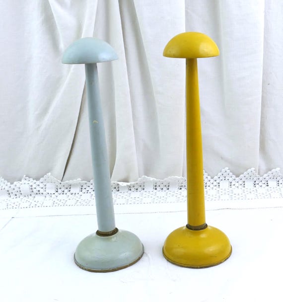 2 Vintage French Bright Yellow and Pale Blue Wooden Hat Stands, Retro Pair of Colorful Milliners Shop Dressing Display Accessory France,
