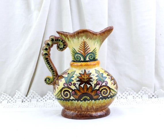 Vintage French Decorative Pottery Pitcher by P Fouillen Quimper with Handpainted Celtic Design, Retro Jug from Brittany, Artisan Collectible