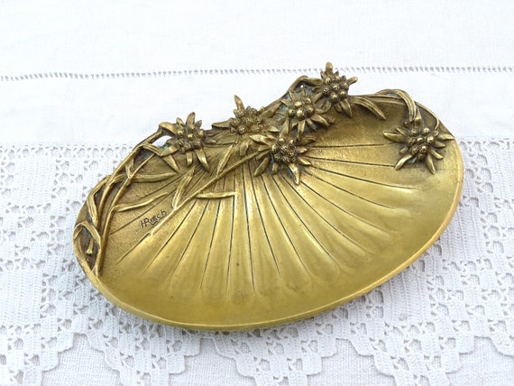 Antique French Trinket Dish with Sculpted Edelweiss Flowers by Sculptor H Risch in Cast Brass, Vintage Collectible Desk Accessory France