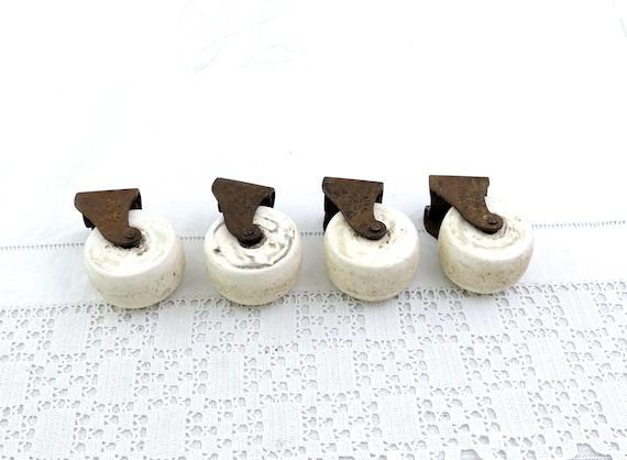 Set of 4 Antique French White Porcelain China Furniture Casters, Retro Victorian Pottery Wheels for Armchair Made in Paris by CL