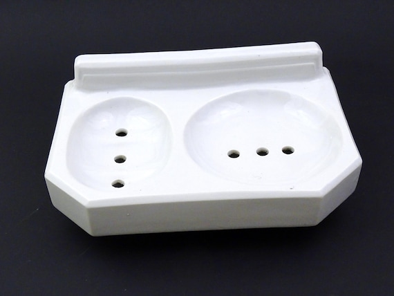 Antique French Large Wall Mounted White Porcelain Double Soap Dish for Sponge and Bar, Vintage 1920s Bathroom Holder Accessory from France