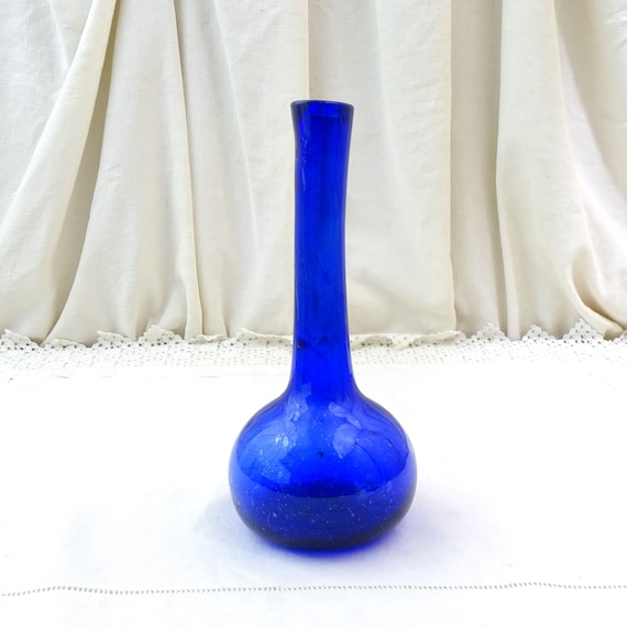 Vintage French Bottle Blue Blown Glass Tall Necked Vase with Random Air Bubbles, Retro Artisan Posy Vase from France, Old Flower Arranging