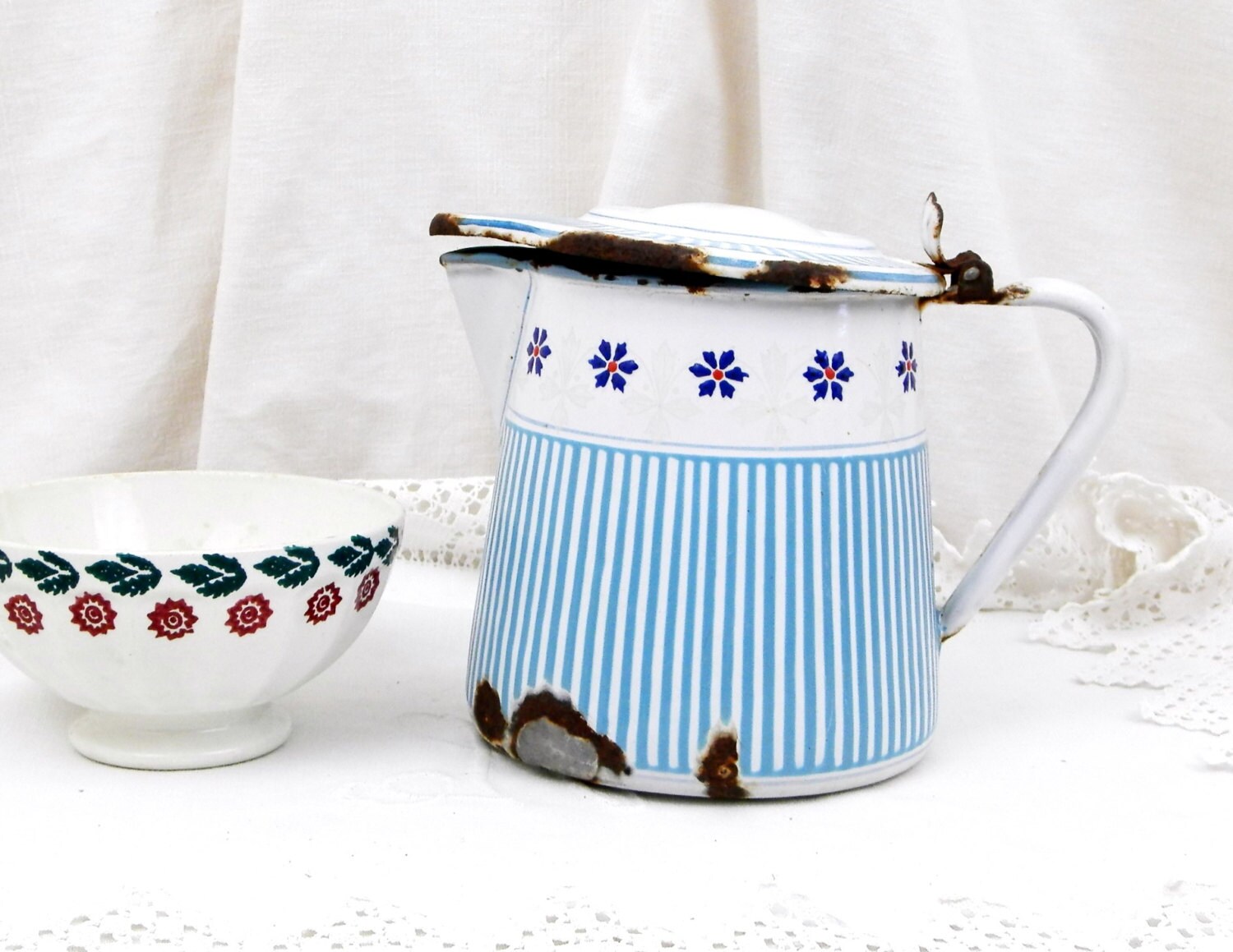 Antique French Blue Chippy Patterned Enamelware Pitcher, Country ...