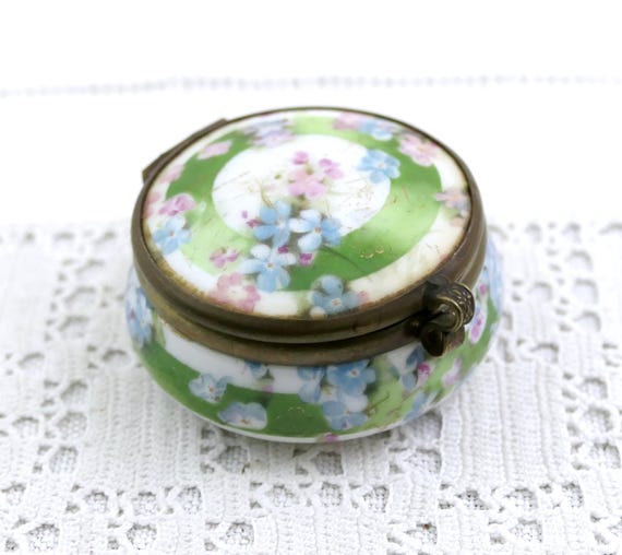 Small Antique Round Porcelain Powder Box with Small Mirror in inside the Lid Blue Forget Me not Flower Pattern. Retro Tiny Pill Box