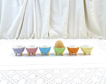 Set of 6 Mid Century Colorful Porcelain China Egg Cups Standing on 3 Golden Feet, Retro 1950s Boiled Egg Holder in Bright Pastel Colors