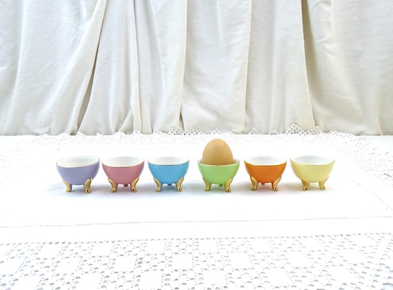 Set of 6 Mid Century Colorful Porcelain China Egg Cups Standing on 3 Golden Feet, Retro 1950s Boiled Egg Holder in Bright Pastel Colors