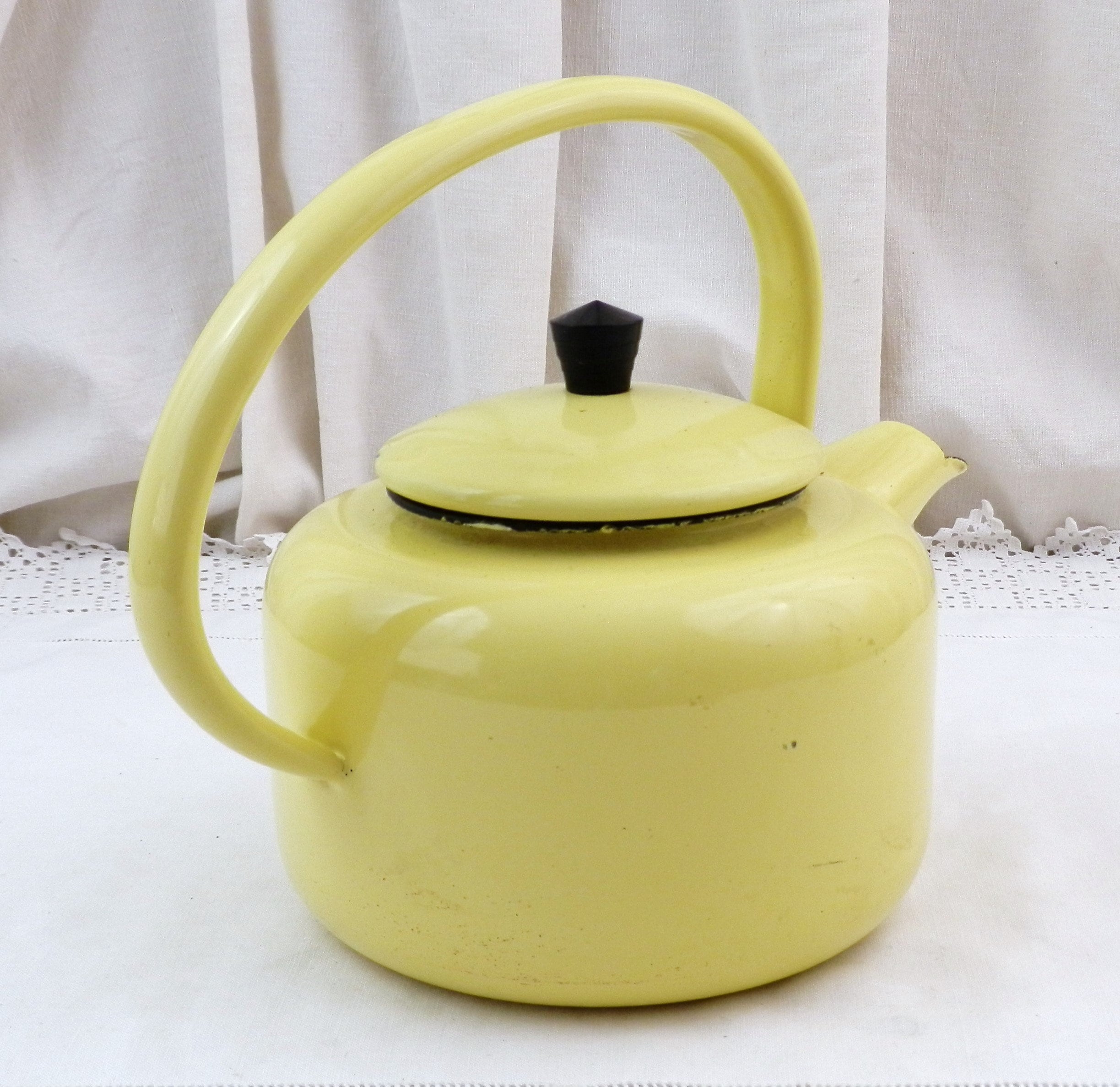 French Vintage Mid Century Bright Yellow Enamel Kettle with Large