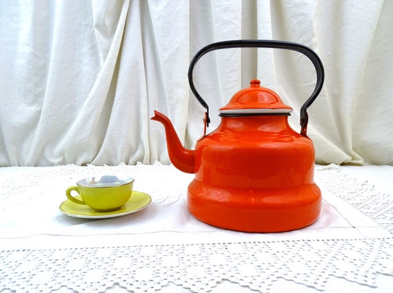 Large Vintage Red Enameled Metal Kettle Retro Enamelware From
