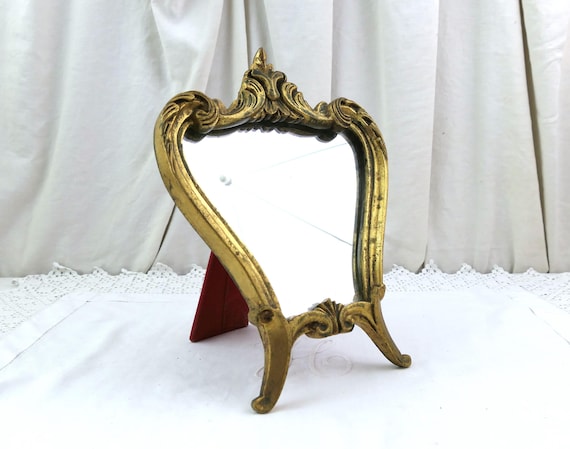 Small French Vintage Mid Century Gold Gilt Famed Free Standing Distressed Mirror, Retro 60s Gilded Golden Frame with Mirror,