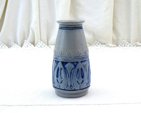 Antique French Stoneware Pottery Art Nouveau Bud Vase in Blue and Gray, Small Decorative Flower China Vase from Early 1900s Cobalt Color