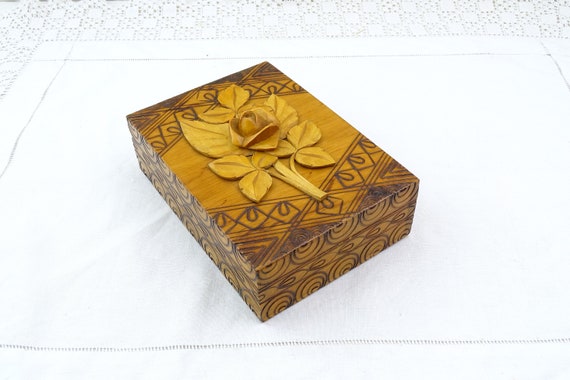 Vintage Eastern European Jewelry Box with Folding Mirror and Carved Rose on the Lid Decorated With  Pyrographed Pattern, Polish Folk Art