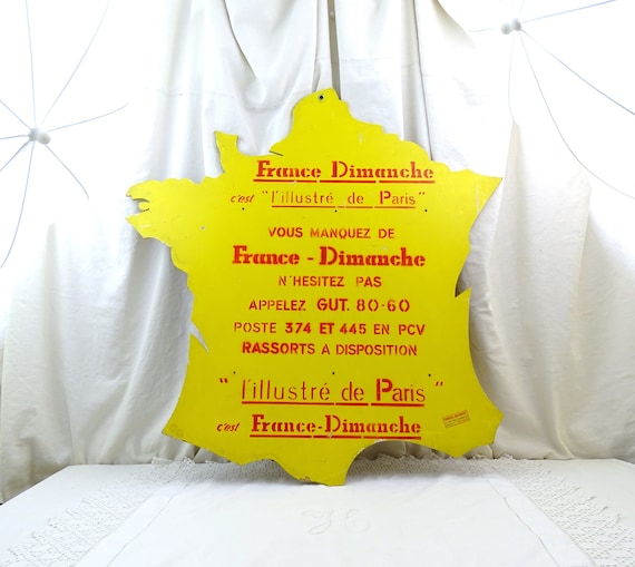 Large Vintage Wooden Promotional Sign for Newpaper France Dimanche Shaped as the Country in Yellow with Red Lettering, Shop Advertising