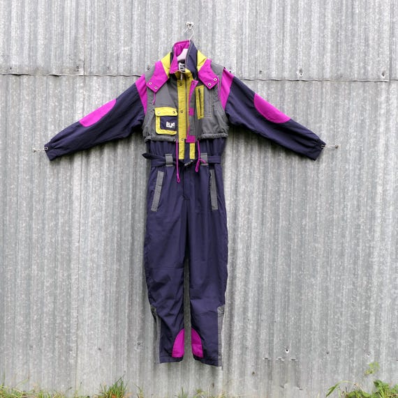 Vintage Large EVF 1990s Snowsuit in Dark Blue Purple and Yellow Size 52,  Retro 90s Cold Weather Ski Jumpsuit, All in One Adult Skiing