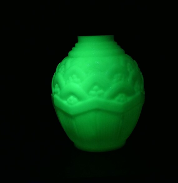 Antique French Round Art Deco Vaseline Uranium Glass Vase, Retro 1920s - 1930s Glowing Glassware from France, Rare Collectible Flower Vase