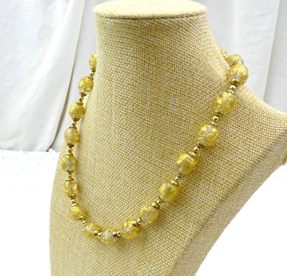 Vintage Murano Glass Bead Necklace with Gold Foil Glass Trailings, Retro Venetian Golden Color Jewelry Italy, Wedding Cake Collectible Beads