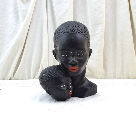 Large Vintage 1950s Plaster Bust of Beautiful Young Mother and Child, Chalkware Mid Century Sculpture Statue Black African Woman Madonna