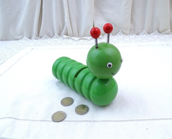 Vintage French Green Wooden Caterpillar Shaped Money Coin Cash Bank made for Credit Agricole, Retro Crawly Bug Piggy Bank from France
