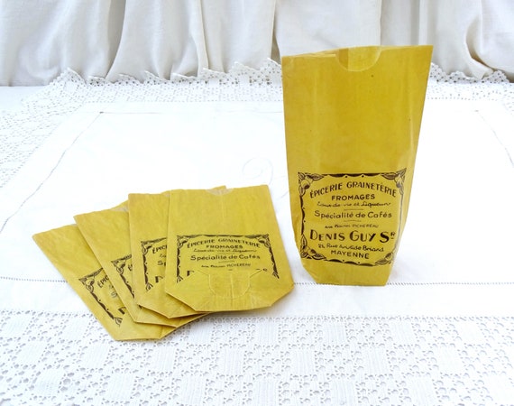 5 Antique Unused New Old Stock French Bight Yellow Greaseproof Paper Bags for Ground Coffee from Normandy, Vintage 1920s Packaging France