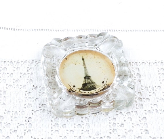 French Vintage Square Glass Ashtray with Sepia Photograph of the Eiffel Tower, Retro Art Deco Style Trinket Dish with Picture of Paris