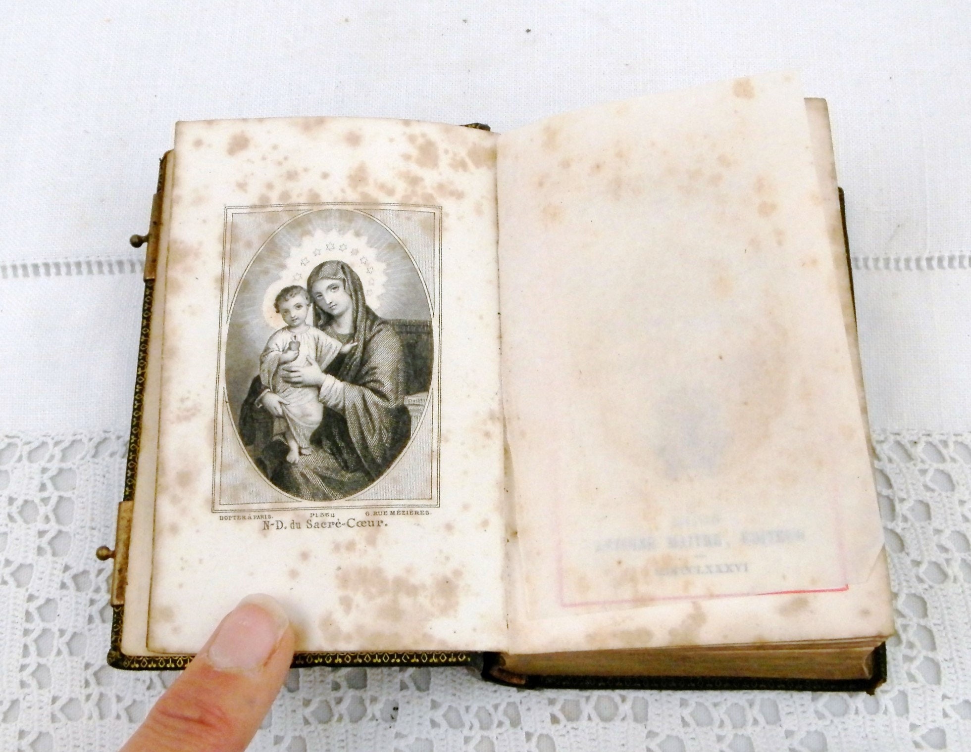 Antique French Religious Book Leather Cover Decorated with Gold Gilt Pattern Printed in 1885