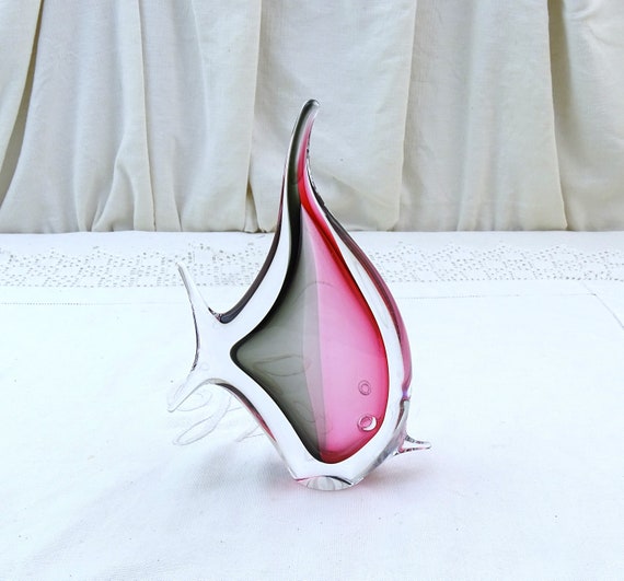 Vintage Czech Glass Blue Praha Pink Black and Clear Glass Fish Sculpture, Retro Art Glass Sea Themed Figurine Czech Republic, Ocean Decor