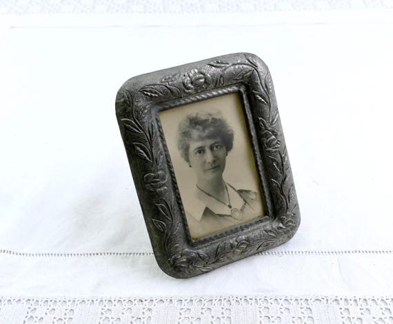 Vintage French Pewter Embossed Free Standing or Wall Hanging Frame with Black and White Portrait Photograph of Young Woman, Elegant Chic