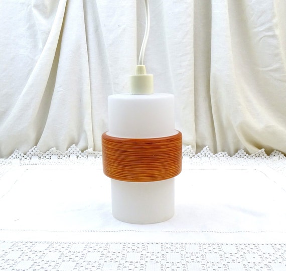 Vintage French Mid Century Modern Frosted Cylindrical White Glass Pendant Light Shade with Red Band, Retro 60s Ceiling Lighting from France