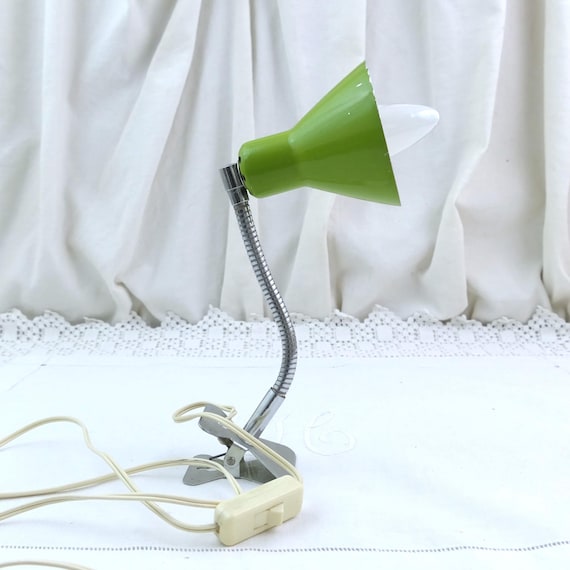 Small Vintage Green Clip On Desk Lamp with  Flexible Chrome Gooseneck and Metal Clamp, Retro 1970s Office Work Light Adjustable Task Lamp