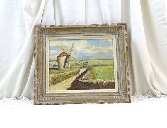 Vintage Hand Painted Framed Oil Painting Windmill in Countryside, Retro 1950s Countryside Picture with Wooden Frame, Mid Century Wall Art