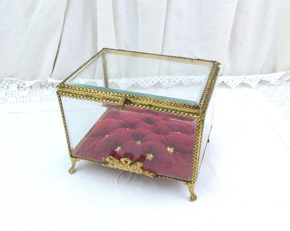 Large Antique French Ormalu Beveled Glass Jewelry Box, Retro Napoleon III Reliquary Wedding Box with Red Velvet Padded Lining from France