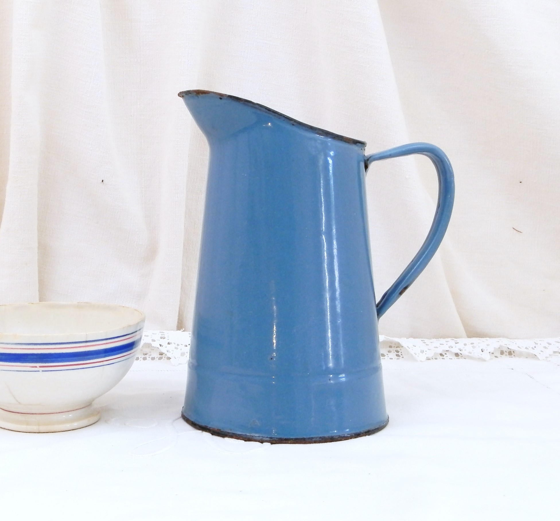 Antique French Bright Blue Enamel Pitcher, Chippy Cottage Kitchen