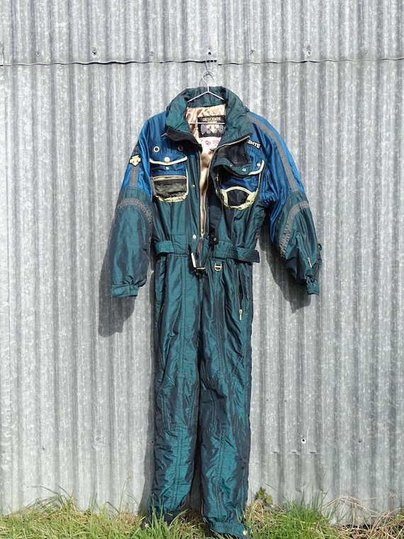 Vintage 1990s Ski Snow Suit Large Size in Blue Tones by Descente Official Supplier of Swiss Ski Team, All in One Skiing Jumpsuit Switzerland