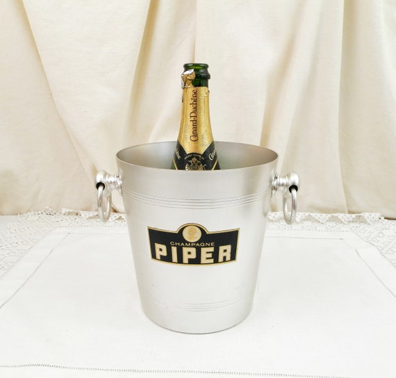 Vintage French Piper Champagne Silver Colored Brushed Metal Ice Bucket, Retro White Wine Bottle Cooler from France, Drinks Chiller