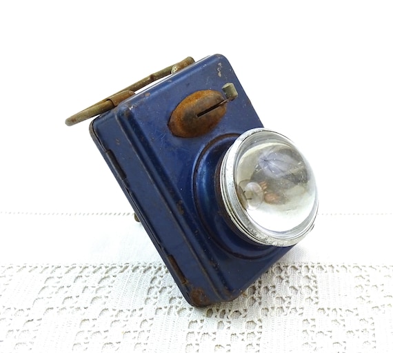 French Vintage Metallic Blue Metal Hand Held Flash Light with Domed Glass Lens, Retro Torch from France, 1950s Industrial Style Home Decor