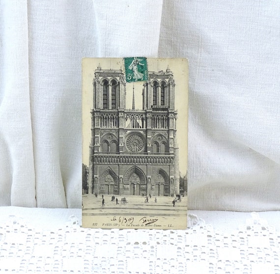 Antique French Black and White Postcard Notre Dame de Paris, Vintage Image Monument of Parisian Capital of France, Retro Picture Cathedral