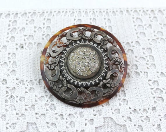 Large French Vintage Lucite Brooch with Carved Floral Design and Paste Stones, Retro Art Deco Statement Pin, Costume Jewelry Collectible