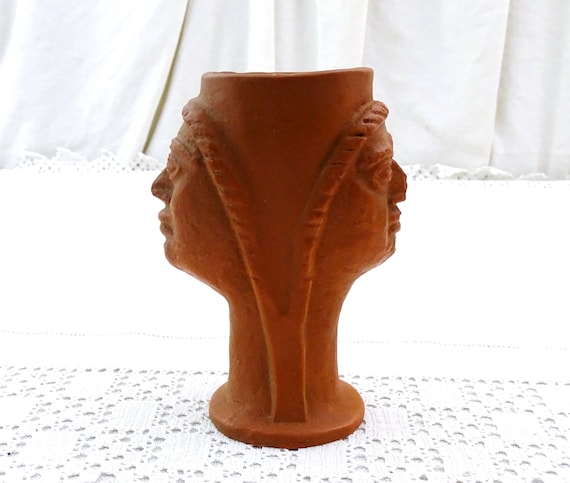 Vintage Official Reproduction Piece from the Louvres Museum Double Headed Terracotta Vase, Retro Roman Style Pottery Human Face Sculpture