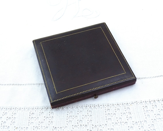 Large Vintage French Square Maroon Leather Presentation Coin Case with Bordeaux Colored Padded Velvet and Satin Lining, Upcycled Jewelry Box
