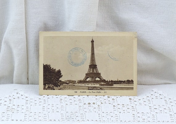 French Antique Black and White Sepia Postcard the Eiffel Tower Post Stamp from The 1st Floor, Retro Old Parisian Vacation from France