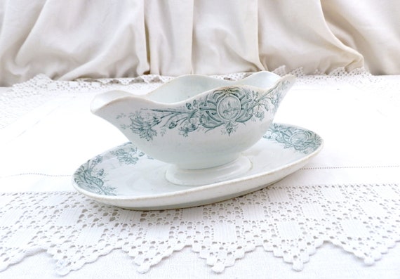 Antique French 19th Century Pottery Gravy Boat White with Teal Blue Pattern, Vintage Sauce Dish from France, Victorian Upcycled Table Vase