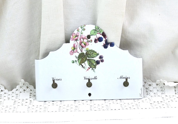 French Vintage Enameled Metal Kitchen Towel Holder with 3 Hooks and Blackberry Pattern by Emalia, Retro Dish Washing Accessory from France