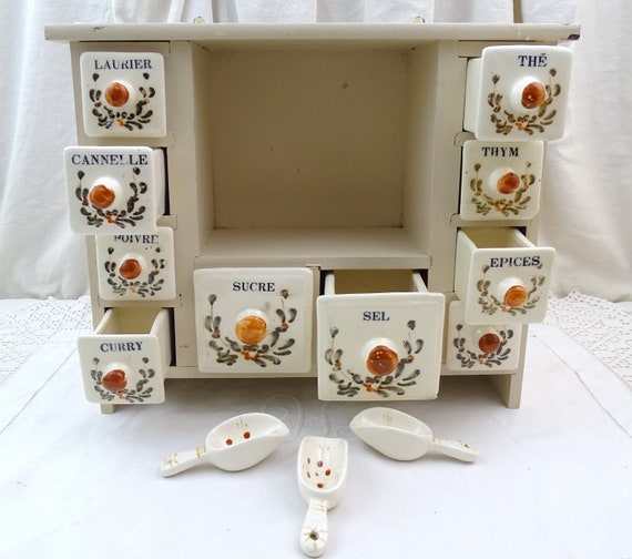 Vintage French Wall Mounted Spice Cabinet Rack Made of Wood With 10 Ceramic Drawers Retro 1920s Kitchen Storage Furniture Canister Set Etsy