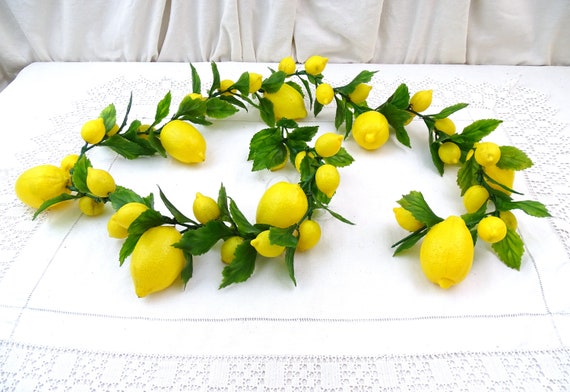 Vintage Fake Life Size Lemon Chain Garland Used in Fishmongers Shop Display with Yellow Plastic Fruit and Green Leaves 160 cm / 63 inches