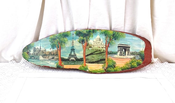 French Vintage 1950s Collage of Eiffel Tower, Notre Dame, Montmarte and the Arc de Triomphe in Paris France on a Slice of Wooden Tree Branch