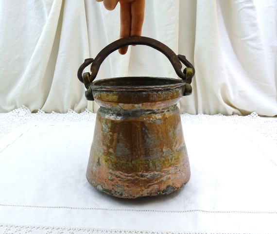 Antique French 18th Century Handmade Copper Cooking Pot with Forged Iron Handle, Vintage Metal Bucket from Normandy, Traditional Copperware