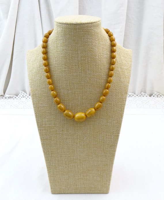 Vintage French Marbled Butterscotch Catalin Graduated Bead Necklace 25 Gm, Retro 1930s Bakelite Mottled Jewelry Sandy Fawn Color