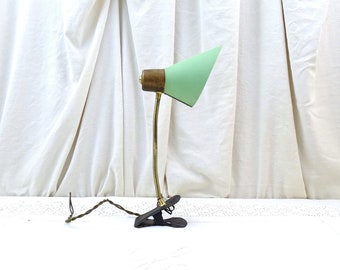 Vintage French Mid Century Modern Small Clip On Articulated Desk Light with Pale Mint Green Metal Shade, Retro 1950s Electric Reading Lamp