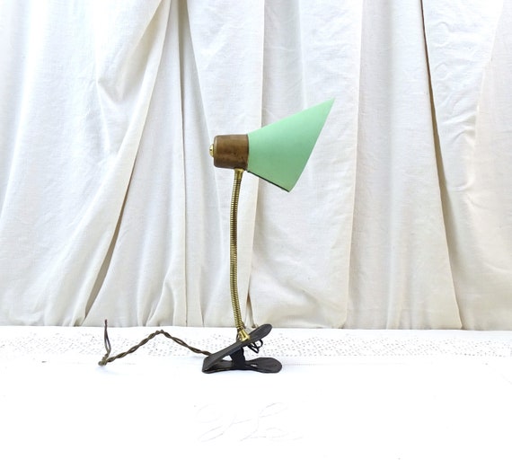 Vintage French Mid Century Modern Small Clip On Articulated Desk Light with Pale Mint Green Metal Shade, Retro 1950s Electric Reading Lamp