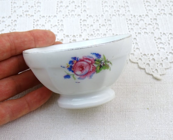 Small Vintage French White Bone China Coffee Bowl with Flower Pattern, Retro Child's Toy Porcelain Ceramic Cafe au Lait Bowl from France