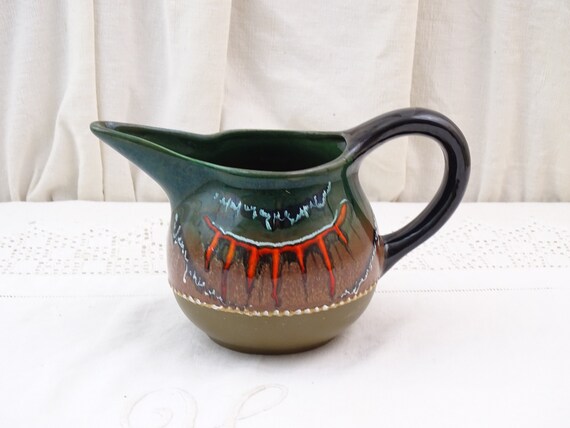 Vintage Mid Century Modern Italian Studio Pottery Pitcher Vase in Green with Red Flame Pattern, Retro 1960s MCM Decorative Jug  Bold Colors